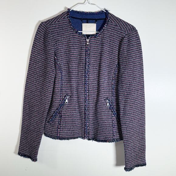 Rebecca Taylor fringe tweed zip jacket navy pink boucle work blazer - Picture 5 of 11